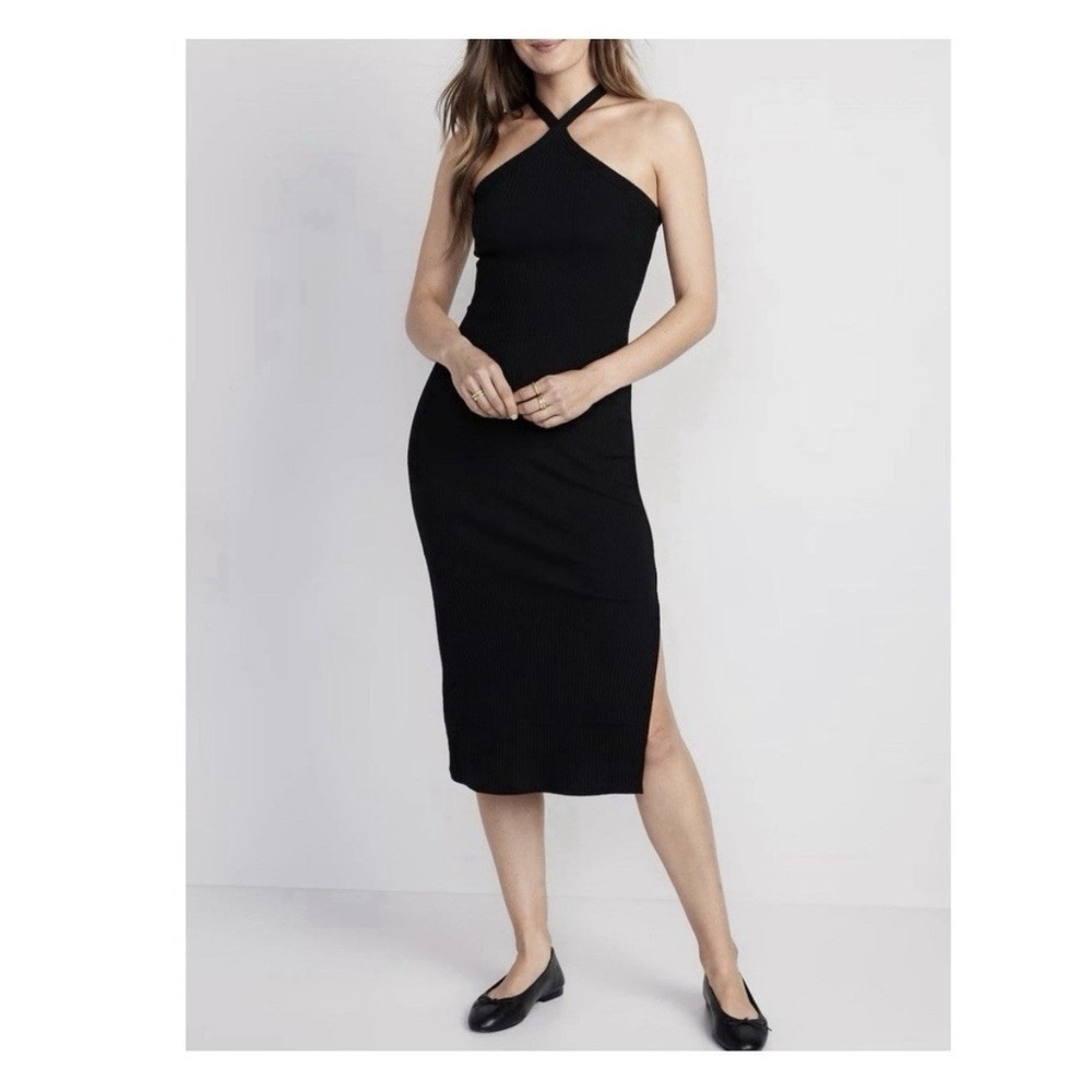 Old Navy Womens Black Rib-Knit Halter Midi Dress Size Large Bodycon Stretch
